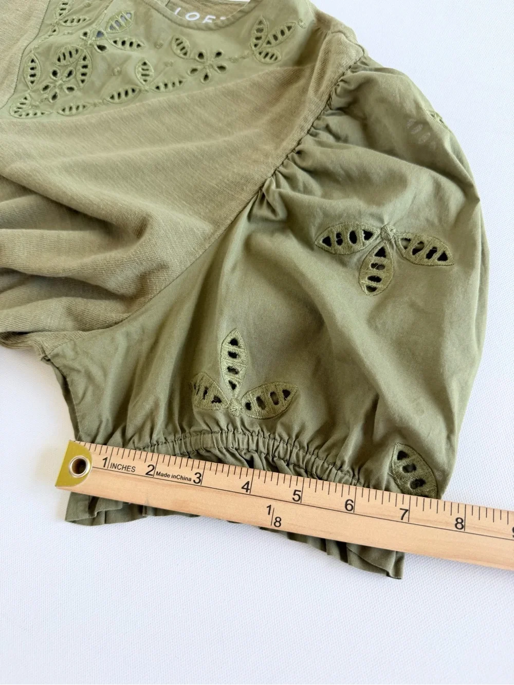 LOFT Olive Green Eyelet Puff Sleeve Cotton Blouse XL Cottagecore